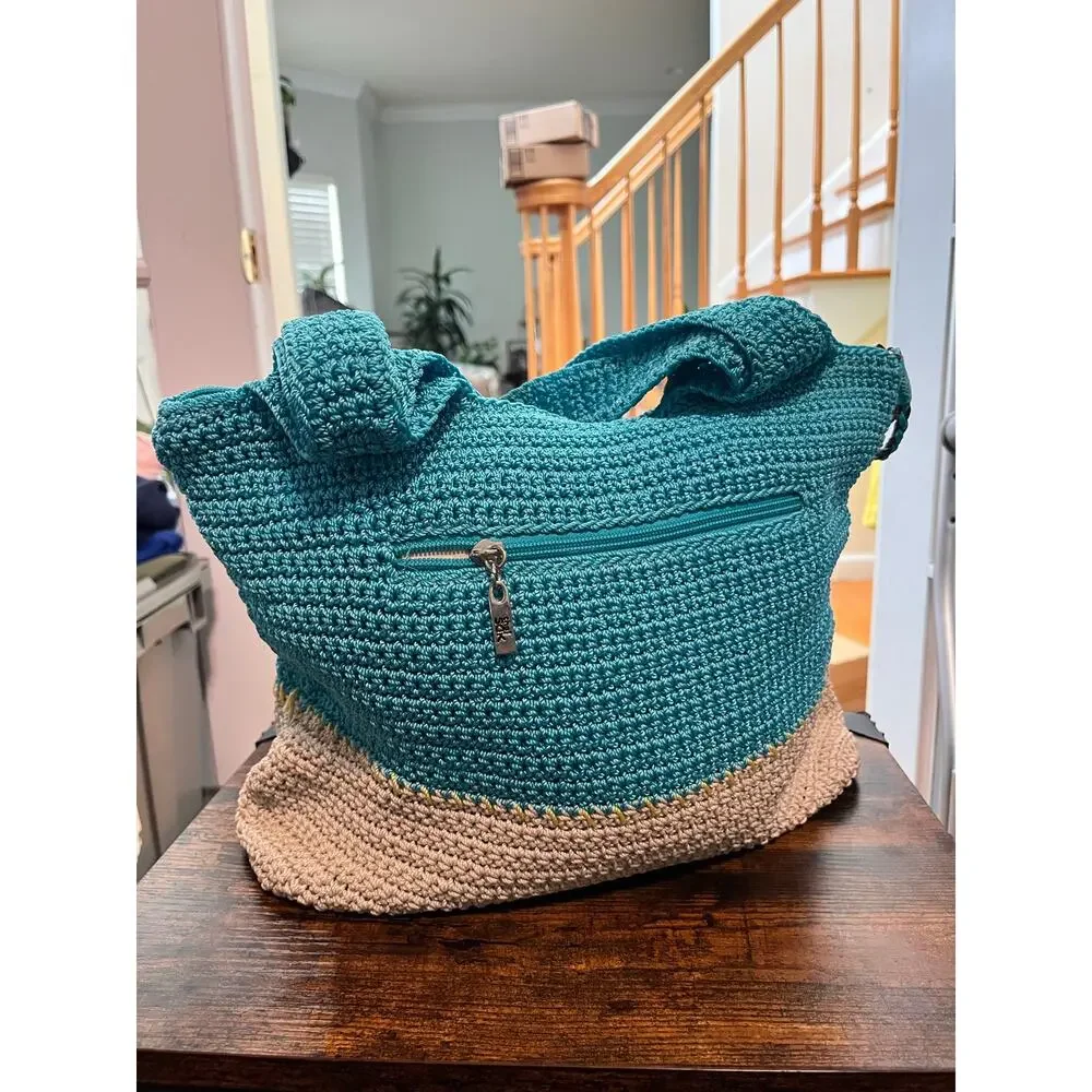 The Sak Crochet Teal Brown Embroidered Chill Palm Tree Shoulder Bag Vacation